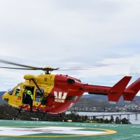 Westpac Rescue helicopter conducting a landing to test spring supports of the helipad during verification testing.